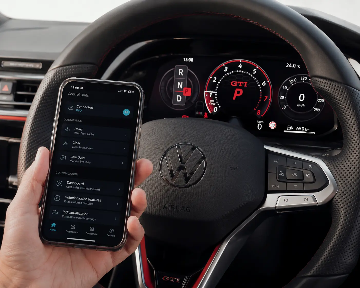 Aplicación Carista en el habitáculo de un VW con cuadro digital